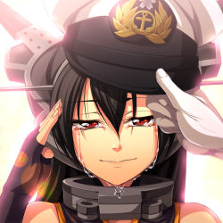 Rule 34 | 10s, 1girl, backlighting, black hair, chozuru, crying, crying with eyes open, fingerless gloves, gloves, hair ornament, hairband, hat, headgear, kantai collection, long hair, looking at viewer, nagato (kancolle), peaked cap, personification, portrait, pov, red eyes, revision, salute, tears