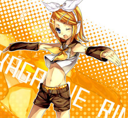 Rule 34 | 1girl, aobara, armpits, blonde hair, blue eyes, crop top, detached sleeves, dutch angle, artistic error, hair ornament, hair ribbon, hairclip, headphones, kagamine rin, midriff, navel, one eye closed, open clothes, open fly, open shorts, outstretched arms, panties, polka dot, polka dot panties, ribbon, shirt, short hair, shorts, sleeveless, sleeveless shirt, solo, spread arms, standing, underwear, unzipped, vocaloid, wind, wind lift, wink, wrong hand, yellow panties, yellow theme, zoom layer