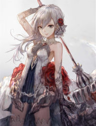 Rule 34 | 1girl, bad id, bad twitter id, blush, breasts, cleavage, closed mouth, flower, grey eyes, hair flower, hair ornament, hisabosi, large breasts, long hair, looking at viewer, red flower, red rose, rose, silver hair, sinoalice, smile, snow white (sinoalice), solo, thighhighs, white thighhighs