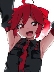 0_onibi 1girl ahoge armpits arms_up black_shirt breast_pocket collared_shirt detached_sleeves fang highres kasane_teto looking_at_viewer open_mouth pocket red_eyes red_hair shirt short_hair sidelocks simple_background sleeveless sleeveless_shirt smile solo straight-on twintails upper_body utau white_background