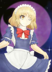 Rule 34 | 1girl, apron, back bow, blonde hair, blue dress, bow, bowtie, breasts, closed mouth, commentary request, crescent, dress, frilled dress, frills, holding, holding clothes, holding skirt, last bell, lotus land story, maid, maid headdress, mugetsu (touhou), one eye closed, puffy short sleeves, puffy sleeves, red bow, red bowtie, short hair, short sleeves, skirt, small breasts, smile, touhou, touhou (pc-98), waist apron, white apron, yellow eyes