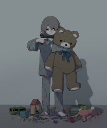 Rule 34 | 1boy, absurdres, animal print, avogado6, bags under eyes, barefoot, bear print, black eyes, blue pants, blue shirt, box, closed mouth, commentary request, finger on trigger, grey background, grey hair, gun, gun to head, handgun, highres, holding, holding gun, holding weapon, jitome, lego, long sleeves, looking at viewer, male focus, original, pajamas, pants, pistol, shirt, solo, spinning top, standing, stuffed animal, stuffed rabbit, stuffed toy, teddy bear, toy, weapon