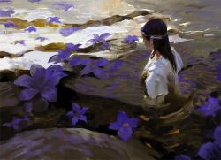 Rule 34 | 1girl, black hair, brown hair, chiaroscuro, faux traditional media, field, flower, from behind, headband, highres, long hair, original, outdoors, painterly, partially submerged, profile, purple flower, river, shirt, short sleeves, solo, sunlight, upper body, wading, water, white shirt, yuming li