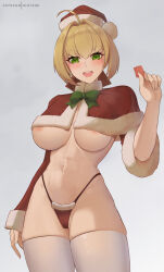 Rule 34 | 1girl, :d, absurdres, areola slip, blonde hair, blush, bow, bowtie, breasts, commentary, condom, condom wrapper, cowboy shot, english commentary, fate/extra, fate (series), green bow, green bowtie, green eyes, grey background, hair intakes, hat, highleg, highleg panties, highres, hioyami, holding, long sleeves, looking at viewer, nero claudius (fate), nero claudius (fate) (all), nero claudius (fate/extra), open mouth, panties, patreon username, red hat, red panties, santa costume, santa hat, simple background, smile, solo, stomach, thighhighs, thighs, underboob, underwear, white thighhighs