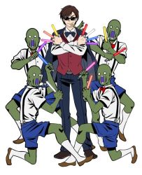 Rule 34 | 5boys, bald, belt, between fingers, black neckwear, blue shorts, bow, bowtie, brown hair, collared shirt, colored skin, facing viewer, food in mouth, full body, glowstick, green skin, holding, jacket, jacket on shoulders, looking at viewer, multiple boys, no pupils, on one knee, red neckwear, rhubarb, shirt, shorts, simple background, smile, socks, standing, sunglasses, suspender shorts, suspenders, tatsumi koutarou, waistcoat, white background, white eyes, white legwear, white shirt, zombie, zombie land saga
