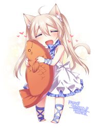 Rule 34 | 1girl, :d, = =, animal ear fluff, animal ears, bare shoulders, barefoot sandals (jewelry), blonde hair, blue bow, blue bowtie, blush, bow, bowtie, cat ears, cat tail, chibi, closed eyes, commentary request, dated, dress, facing viewer, full body, hair between eyes, heart, konshin, long hair, open mouth, original, sandals, signature, smile, solo, tail, twintails, white dress, wristband