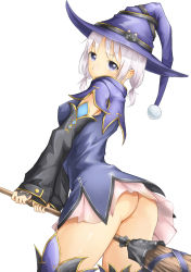 Rule 34 | 1girl, ass, breasts, broom, female focus, hat, highres, looking at viewer, no panties, original, purple eyes, r-gray (ash-to ash), short hair, simple background, solo, white background, white hair, witch, witch hat