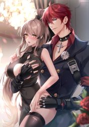 Rule 34 | 1boy, 1girl, ahoge, bare shoulders, black dress, black thighhighs, blonde hair, blue eyes, blurry, blurry foreground, blush, breast hold, breasts, cain art811, covered navel, dress, fingerless gloves, gloves, highres, jewelry, king (tower of fantasy), large breasts, long hair, necklace, open mouth, ponytail, red hair, samir (tower of fantasy), short hair, thighhighs, thighs, tower of fantasy, yellow eyes