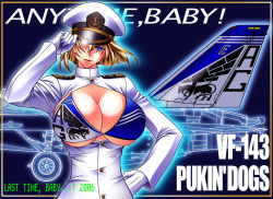 Rule 34 | 1girl, 2006, aircraft, airplane, bikini, bikini top only, blonde hair, blue eyes, bob cut, breasts, cleavage, english text, f-14, gloves, hair over one eye, hamon ai, hand on own hip, hat, hip focus, huge breasts, jet, lipstick, looking at viewer, makeup, military, military uniform, open clothes, open shirt, original, peaked cap, red lips, red lips, salute, shirt, short hair, smile, solo, swimsuit, text focus, underboob, uniform
