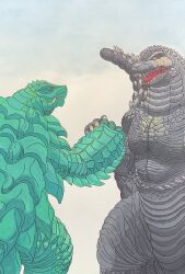 Rule 34 | black scales, character request, claws, crossover, daiei film, elbow spikes, fangs, gamera, gamera (series), gamera -rebirth-, giant, giant monster, godzilla, godzilla (series), godzilla minus one, highres, kadokawa, kaijuu, monster, no humans, open mouth, sharp teeth, spines, tail, teeth, toho, tokusatsu, tortoise, turtle, turtle shell, tusks, very long tail