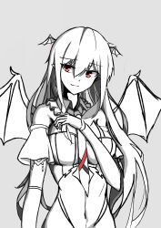 Rule 34 | 1girl, absurdres, alternate costume, bat wings, breasts, collar, commentary, detached sleeves, frilled collar, frills, grey background, greyscale, hair between eyes, hand on own chest, head wings, highres, koakuma, long hair, looking to the side, medium breasts, monochrome, necktie, pointy ears, red eyes, sidelocks, simple background, smile, spot color, touhou, user fktf5478, very long hair, wings