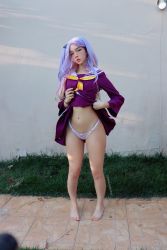 Rule 34 | 1girl, barefoot, blue eyes, blue hair, brazilian (nationality), breasts, clothes lift, cosplay, feet, freckles, grass, highres, legs, lifting own clothes, lingerie, long hair, looking at viewer, makeup, me1adinha, neckerchief, no game no life, outdoors, panties, photo (medium), purple serafuku, purple skirt, sailor collar, school uniform, serafuku, shiro (no game no life), shiro (no game no life) (cosplay), skirt, skirt lift, small breasts, solo, standing, stomach, toes, underwear, white panties