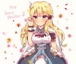 Rule 34 | 1girl, arm behind back, black bow, blonde hair, blue eyes, blush, bow, breasts, elf, falling petals, hair bow, hair ornament, long hair, looking at viewer, mk1122maki, petals, pointy ears, princess connect!, saren (princess connect!), simple background, smile, solo, white background