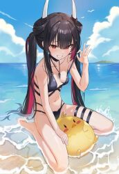 Rule 34 | 1girl, azur lane, bare shoulders, barefoot, beach, bikini, bikini pull, bird, black bikini, black choker, black hair, blue sky, blush, breasts, chick, choker, clothes pull, cloud, cloudy sky, collarbone, colored inner hair, hair between eyes, hand up, hatsuzuki (august&#039;s first romance) (azur lane), hatsuzuki (azur lane), henem416, highres, horns, long hair, looking at viewer, manjuu (azur lane), multicolored hair, navel, ocean, official alternate costume, open mouth, outdoors, red eyes, red hair, sand, seagull, sitting, sky, small breasts, smile, stomach, swimsuit, thigh strap, toes, twintails, water, waves