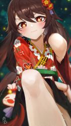 Rule 34 | 1girl, alternate costume, blush, boo tao (genshin impact), brown hair, closed mouth, genshin impact, highres, hu tao (genshin impact), japanese clothes, kimono, leg up, legs, long hair, looking at viewer, red kimono, smile, sweatdrop, symbol-shaped pupils, twintails, wide sleeves, zayn3548