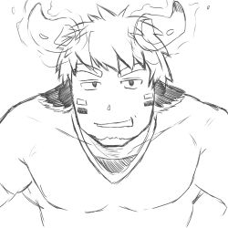 Rule 34 | 1boy, absurdres, animal ears, bara, cow boy, cow ears, cow horns, facepaint, facial hair, fiery horns, forked eyebrows, glowing horns, goatee, greyscale, highres, horns, looking at viewer, male focus, monochrome, pectorals, portrait, raised eyebrows, shirt, short hair, smug, solo, tatatan (ts kon2), thick eyebrows, tight clothes, tight shirt, tokyo houkago summoners, upper body, wakan tanka