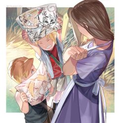 Rule 34 | 1girl, 2boys, aged down, ahoge, alphonse elric, apron, bad id, bad twitter id, bag, blonde hair, braid, brothers, brown eyes, brown hair, child, closed eyes, drawing, dress, edward elric, frown, fullmetal alchemist, happy, long hair, mother and son, multiple boys, own hands clasped, own hands together, paper, ponytail, short hair, shorts, siblings, smile, tank top, teeth, trisha elric, twitter username, yellow eyes