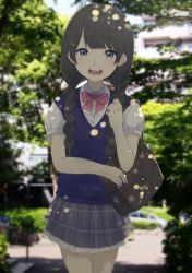Rule 34 | 1girl, :d, absurdres, bag, bag charm, black hair, blue sky, blurry, blurry background, bow, braid, charm (object), collared shirt, day, depth of field, dress shirt, grey skirt, hair ornament, hairclip, highres, higuchi kaede, long hair, looking at viewer, low twintails, misaki nonaka, nijisanji, open mouth, outdoors, pink bow, pleated skirt, puffy short sleeves, puffy sleeves, purple eyes, school bag, school uniform, shirt, shizuka rin, short sleeves, skirt, sky, smile, solo, standing, sweater vest, teeth, tsukino mito, tsukino mito (3rd costume), twin braids, twintails, upper teeth only, very long hair, virtual youtuber, white shirt