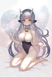 Rule 34 | 1girl, absurdres, animal ears, barefoot, bell, black leotard, blush, breasts, cleavage, cow ears, cow girl, cow horns, cowbell, full body, grey eyes, grey hair, hands up, highleg, highleg leotard, highres, hitowa, horns, large breasts, leotard, long hair, looking at viewer, mole, mole under mouth, neck bell, original, parted lips, sitting, solo, strapless, strapless leotard, two-tone leotard, variant set, very long hair, white leotard, yokozuwari