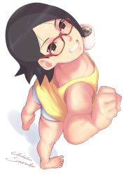 Rule 34 | 1girl, ass, bare arms, bare shoulders, barefoot, black eyes, black hair, boruto: naruto next generations, coffee mug, cup, eeshin (eishin5584), feet, from above, from behind, full body, glasses, grin, legs, looking at viewer, looking up, mug, naruto (series), red-framed eyewear, short hair, shorts, simple background, smile, solo, standing, tank top, toes, uchiha sarada, white background, yellow tank top