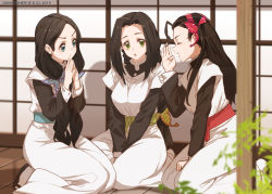 Rule 34 | 3girls, aged up, artist name, between legs, black footwear, black hair, black jacket, blue eyes, blurry, blurry foreground, braid, breasts, butterfly hair ornament, character request, closed eyes, commentary, depth of field, dishwasher1910, dress, english commentary, green eyes, hair ornament, hand between legs, hand up, hands up, jacket, kimetsu no yaiba, layered sleeves, long hair, long sleeves, medium breasts, multiple girls, open mouth, parted bangs, parted lips, profile, seiza, short over long sleeves, short sleeves, sitting, socks, steepled fingers, v-shaped eyebrows, very long hair, white dress, white legwear