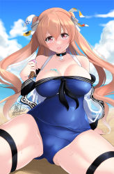 Rule 34 | 1girl, beach, blue one-piece swimsuit, blue sky, breasts, brown eyes, casual one-piece swimsuit, cloud, commentary request, cowboy shot, day, food, horizon, ice cream, jacket, johnston (kancolle), kantai collection, kirisaki byakko, large breasts, light brown hair, long hair, looking at viewer, ocean, official alternate costume, one-piece swimsuit, outdoors, see-through, see-through jacket, sitting, sky, solo, swimsuit, thick thighs, thighs, tongue, tongue out, two side up