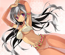 Rule 34 | 1girl, arabian clothes, armband, armpits, arms up, bandeau, belly chain, bracelet, breasts, cleavage, covered erect nipples, dancer, dark-skinned female, dark skin, grey hair, harem outfit, harem pants, highres, jewelry, long hair, midriff, nail polish, navel, necklace, o-ring, o-ring top, pants, pink nails, purple eyes, revealing clothes, see-through, solo, underboob, yukiwo