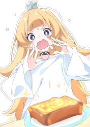 Rule 34 | 1girl, black choker, blonde hair, blue eyes, bright pupils, choker, commentary request, crown, drooling, food, hime-sama &quot;goumon&quot; no jikan desu, hime (himesama goumon), ixy, long hair, long sleeves, looking at viewer, open mouth, pancake, saliva, shirt, simple background, solo, white background, white pupils, white shirt