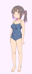 Rule 34 | 1girl, absurdres, bare arms, bare legs, bare shoulders, barefoot, black hair, blue one-piece swimsuit, breasts, brown eyes, collarbone, commentary, competition school swimsuit, covered navel, expressionless, feet, full body, hair between eyes, hair ornament, hair ribbon, hairclip, highres, karubi (karubi465558), light blush, long hair, looking at viewer, medium breasts, multicolored hair, one-piece swimsuit, onii-chan wa oshimai!, oyama mihari, purple background, purple hair, red ribbon, ribbon, school swimsuit, simple background, solo, standing, swimsuit, twintails, two-tone hair