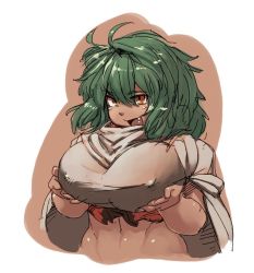 Rule 34 | 1girl, alternate breast size, anchors (mono eye os), breast hold, breasts, cape, dark-skinned female, dark skin, emerada (xenogears), green hair, large breasts, long hair, midriff, open mouth, simple background, solo, xenogears, yellow eyes