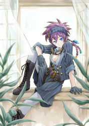 Rule 34 | 1girl, belt, black footwear, blue eyes, boots, braid, breasts, cleavage, curtains, day, gloves, goggles, goggles around neck, grey gloves, grey headband, headband, highres, indoors, knee boots, knee up, kouya no kotobuki hikoutai, nass na, plant, purple hair, remi (kouya no kotobuki hikoutai), shirt, sitting, smile, solo, striped clothes, striped shirt, wind, window