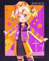 Rule 34 | 1girl, :d, aegissanp, bat hair ornament, black border, black dress, blonde hair, blue eyes, border, building, commentary, cowboy shot, cross, dated, dress, english commentary, frown, hair ornament, hair ribbon, halloween, halloween costume, highres, jacket, kagamine rin, looking at viewer, mixed-language commentary, open mouth, orange dress, orange sleeves, outstretched arms, purple jacket, ribbon, smile, solo, standing, star (symbol), striped clothes, striped sleeves, striped thighhighs, thighhighs, tongue, tongue out, two-tone sleeves, vocaloid