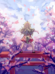 Rule 34 | 1girl, brown footwear, cherry blossoms, curly hair, day, falling petals, from behind, full body, geta, green hair, highres, horns, komano aunn, long hair, outdoors, outstretched arms, petals, pink shorts, red shirt, shirt, shorts, shouxishao jiuyuan, single horn, sketch, sky, solo, standing on torii, tail, torii, touhou, tree