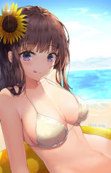 Rule 34 | 1girl, ;q, artist name, bare shoulders, beach, bikini, bikini top only, blue sky, blush, breasts, brown hair, cleavage, closed mouth, cloud, cloudy sky, day, dduck kong, flower, hair flower, hair ornament, halterneck, highres, innertube, long hair, looking at viewer, medium breasts, navel, ocean, one eye closed, original, outdoors, purple eyes, sand, sitting, sky, smile, solo, stomach, strap gap, sunflower, swim ring, swimsuit, tongue, tongue out, water, wet, wet hair
