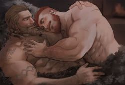 Rule 34 | 2boys, abs, bara, beard, blush, chest hair, completely nude, couple, dopey (dopq), facial hair, grabbing, hand on another&#039;s shoulder, large pectorals, light brown hair, male focus, male pubic hair, multiple boys, muscular, muscular male, mustache, navel, navel hair, nipples, nude, on bed, orange hair, original, pectoral grab, pectoral pillow, pectorals, pubic hair, short hair, shoulder tattoo, smile, tattoo, undercut, yaoi