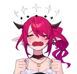 Rule 34 | 1girl, blush, choker, clenched hands, commentary, cropped shoulders, crying, crying with eyes closed, dasdokter, demon horns, dress, earrings, english commentary, halo, hololive, hololive english, horns, irys (casualrys) (hololive), irys (hololive), jewelry, nail polish, necklace, open mouth, pink nails, pointy ears, ponytail, red hair, sharp teeth, sidelocks, solo, sundress, tagme, teeth, virtual youtuber, white background