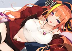 Rule 34 | 1girl, ahoge, bare shoulders, black ribbon, blonde hair, blunt bangs, bow, breasts, camisole, cleavage, commentary request, cowboy shot, diagonal-striped bow, dragon girl, dragon horns, dragon tail, fang, frilled camisole, frills, hair intakes, hair ribbon, highres, hololive, horn bow, horn ornament, horns, jacket, kiryu coco, kiryu coco (loungewear), large breasts, light blush, long hair, long sleeves, looking at viewer, lying, midriff, multicolored eyes, multicolored hair, navel, nejime, off shoulder, official alternate costume, on side, open clothes, open jacket, open mouth, orange hair, panties, panty peek, partially unzipped, pointy ears, purple eyes, red eyes, red jacket, ribbon, sidelocks, signature, skin fang, slit pupils, solo, spaghetti strap, streaked hair, striped, striped bow, tail, tongue, tongue out, track jacket, twintails, underwear, virtual youtuber, white camisole, zipper, zipper pull tab