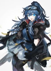 Rule 34 | 1girl, :d, arknights, astgenne (arknights), black gloves, black jacket, black pantyhose, blue eyes, blue shirt, blue skirt, commentary, feet out of frame, gloves, goggles, goggles on head, hands up, head tilt, highres, hood, hood down, hooded jacket, iwis, jacket, light blush, long hair, looking at viewer, open mouth, pantyhose, ponytail, rhine lab logo, shirt, sidelocks, simple background, sketch, skirt, smile, solo, white background