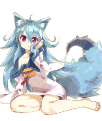 Rule 34 | 1girl, animal ears, barefoot, blue hair, character request, chromatic aberration, hair between eyes, highres, japanese clothes, kimono, long hair, long tail, off shoulder, original, red eyes, sitting, sketch, sleeves past wrists, solo, tail, wolf ears, xuan chu, yukata
