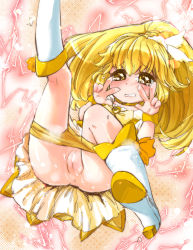 Rule 34 | 10s, 1girl, anus, bad id, bad pixiv id, bike shorts, blonde hair, blush, boots, bow, censored, clothes pull, cure peace, double v, electricity, hair flaps, kise yayoi, leg up, long hair, magical girl, mutou mato, precure, pussy, pussy juice, shorts, shorts pull, smile precure!, solo, spread legs, tears, v, wrist cuffs, yellow bow, yellow eyes, yellow shorts, yellow theme