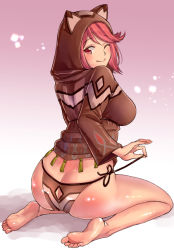 Rule 34 | 1girl, ;), animal ears, animal hood, ass, ass cutout, barefoot, blush, breasts, butt crack, clothing cutout, earrings, feet, fingerless gloves, from behind, gloves, gradient background, hood, jewelry, large breasts, looking at viewer, looking back, nintendo, one eye closed, ooshima aki, panties, pink background, pyra (xenoblade), red eyes, red hair, shiny skin, short hair, side-tie panties, sidelocks, simple background, sitting, smile, soles, solo, swept bangs, tiara, toes, underwear, untying, wariza, xenoblade chronicles (series), xenoblade chronicles 2