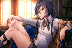 Rule 34 | 1girl, arm on knee, armchair, blue eyes, book, bookshelf, candy, chair, commentary, curtains, food, fu hua, grey hair, hair between eyes, honkai (series), honkai impact 3rd, indoors, jacket, jewelry, lollipop, long hair, looking at viewer, navel, necklace, on chair, open clothes, open jacket, shirt, sidelocks, signature, sitting, solo, suspenders, thighs, white shirt, xfate