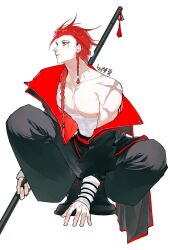 Rule 34 | 1boy, bandaged chest, bandages, black footwear, black jacket, black pants, braid, earrings, gumoxiansheng, highres, holding, holding weapon, jacket, jewelry, long hair, long sleeves, looking up, male focus, muscular, muscular male, original, pants, parted lips, red eyes, red hair, scar, scar across eye, scar on shoulders, simple background, single bare shoulder, solo, weapon, white background
