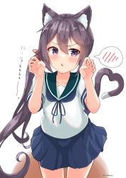 Rule 34 | 1girl, absurdres, akebono (kancolle), animal ear fluff, animal ears, blue skirt, cat ears, cat tail, claw pose, cowboy shot, flower, hair flower, hair ornament, highres, kantai collection, long hair, looking to the side, open mouth, osmium-76, pleated skirt, purple eyes, purple hair, school uniform, serafuku, shirt, short sleeves, side ponytail, simple background, skirt, solo, spoken blush, tail, twitter username, very long hair, white background