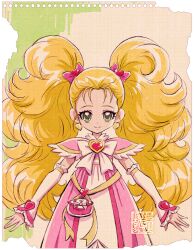 Rule 34 | 1girl, artist logo, blonde hair, bow, commentary, commentary request, dress, earrings, english commentary, eyelashes, futari wa precure, futari wa precure max heart, green eyes, hair bow, hair ornament, happy, heart, heart earrings, jewelry, kamikita futago, kujou hikari, long hair, looking at viewer, magical girl, official art, paper background, partial commentary, pink bow, pink dress, precure, shiny luminous, signature, simple background, smile, solo, standing, twintails, watercolor background