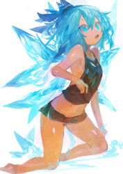 Rule 34 | 1girl, absurdres, barefoot, black shorts, black tank top, blue eyes, blue hair, cirno, fairy, full body, hair between eyes, highres, ice, ice wings, kaamin (mariarose753), open mouth, short hair, shorts, simple background, solo, tan, tank top, tanned cirno, touhou, white background, wings