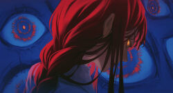 Rule 34 | 1girl, artist name, blue background, braid, braided ponytail, chainsaw man, closed mouth, collared shirt, commentary, extra eyes, eyelashes, from behind, from side, highres, kantakerro, lips, looking at viewer, makima (chainsaw man), messy hair, monster, portrait, profile, red hair, ringed eyes, shirt, solo focus, yellow eyes