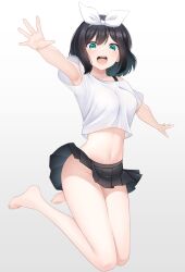 Rule 34 | 1girl, absurdres, barefoot, black hair, black skirt, bow, bow hairband, bra strap, breasts, commentary request, cropped shirt, double-parted bangs, feet, full body, green eyes, hair between eyes, hairband, highres, jumping, legs, light blush, looking at viewer, medium breasts, midriff, miniskirt, navel, no panties, open hands, open mouth, original, outstretched arms, pleated skirt, shirt, short hair, short sleeves, simple background, skirt, smile, solo, spread arms, teeth, thighs, toes, tongue, upper teeth only, white background, white bow, white hairband, white shirt, zero0ex