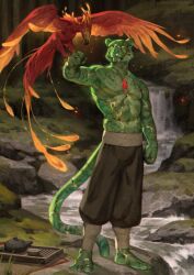 Rule 34 | 1boy, barefoot, bird, forest, full body, furry, furry male, gem, green eyes, hand up, highres, honovyart, jewelry, kintsugi, male focus, muscular, muscular male, nature, necklace, original, pants, phoenix, red gemstone, solo, tea, topless male