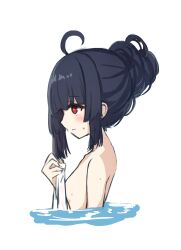 Rule 34 | 1girl, ahoge, bathing, black hair, blue archive, blunt bangs, bright pupils, commentary, from side, halo, highres, hime cut, le xue, long hair, miyu (blue archive), nude, red eyes, solo, sweatdrop, towel, upper body, water, white pupils